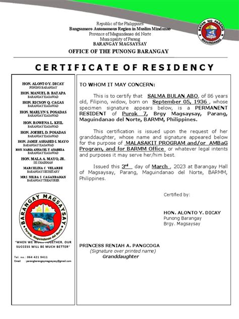 sample of barangay certificate of residency|Philippines .